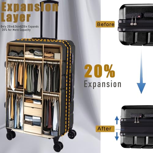 Hoteel Luggage Sets 3 Piece Expandable (4-YEARS WARRANTY) ABS+PC Hardshell Carry On Luggage Airline, Carry on Suitcase with Spinner Wheels & TSA Lock for Travel, Business, Black (20in/DB/TB)2