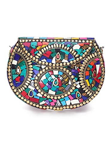 Image of Shakuntala Vintage Clutch - Metal Mosaic Stone & Shell Design Purse - Handmade Women's Handbag