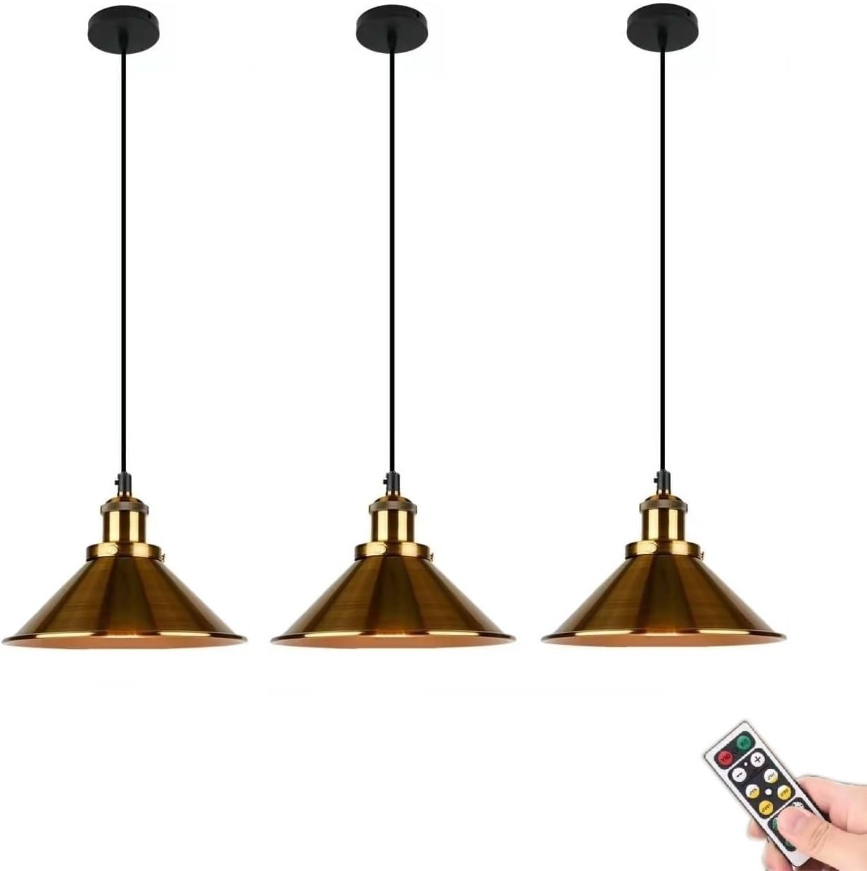 ANUOMY 3 Pack Battery Operated Pendant Light with Remote,Indoor Gold No Wiring Ceiling Hanging