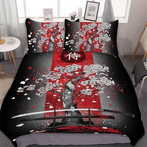 Funda Nordica Cama 135/150 Sakura Japonés, Suave Transpirable Microfibra Ropa de Cama Sakura Japonés Funda Edredon 220x240 cm, 2 x Funda de Almohada 50x75 cm, 3D Funda de Edredón w7391