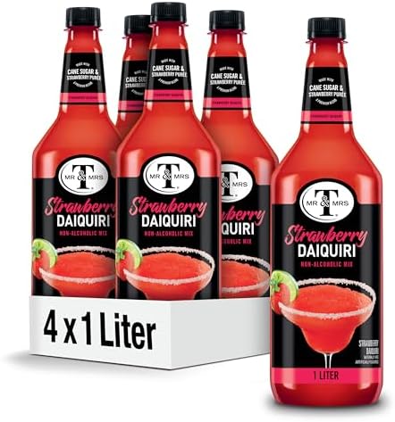 Mr & Mrs T Strawberry Daiquiri Margarita Mix, 1 L bottle (Pack of 4), Strawberry Flavored Cocktail Mixer, Made with Cane Sugar, Perfect for Strawberry