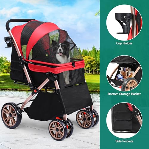 YITAHOME Hundebuggy Hundewagen klappbar für Hunde & Katzen, Haustierbuggy bis 22 kg mit umkehrbarem Griff, Netzfenstern, Getränkehalter, 360° drehbare EVA-Räder mit Bremsen (Rot)