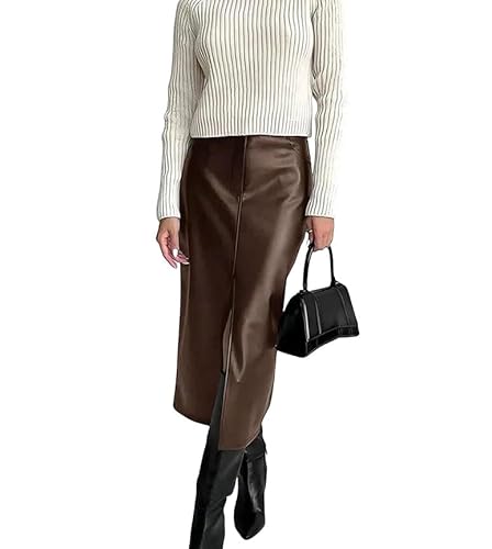 Women's Leather Skirt High Waist Front Slit Spring Autumn Long