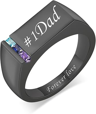 Personalized Mens Ring Engraved Name Rings for Dad 1-8 Birthstone Custom Father Family Ring Jewelry Gift for Husband Grandpa Birthday Christmas Fathers Day 3 Stones