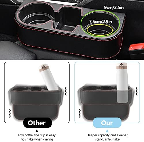 FRAUTOPARTS Car Drink Holders Universal Auto Truck Seat Side Cup Holder Leather Multifunctional Car Gap Storage Box Cup Holder with 5 Car Hooks for Car Storage for Drink Bottle Pen Phone