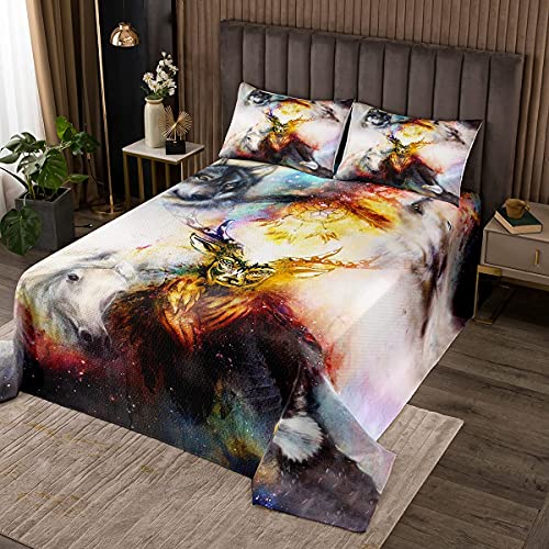 Homemissing Traumfänger Tagesdecke 240x260cm Galaxis Indian Hippie Feder Steppdecke Luxus Wild Animals Bettüberwurf für Kinder Erwachsene Indianer Wohndecke Ultra Weich Zimmer Dekor