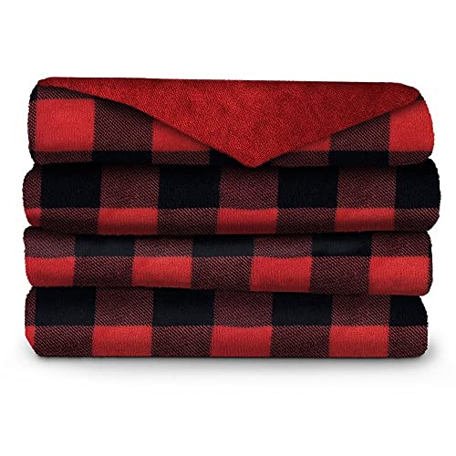 Sunbeam Microplush Foot Pocket Electric Heated Throw Blanket With 3-Heat Setting Control, Red Buffalo Plaid #TOP24