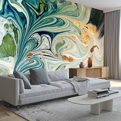 Afwadfwa Modern 3D Removable Wallpaper Self-Adhesive Marbled Blue Green And Gold Abstract Liquid Marble Wall Murals Peel And Stick Wall Stickers For Living Room Bedroom Wall Decor #TOP3