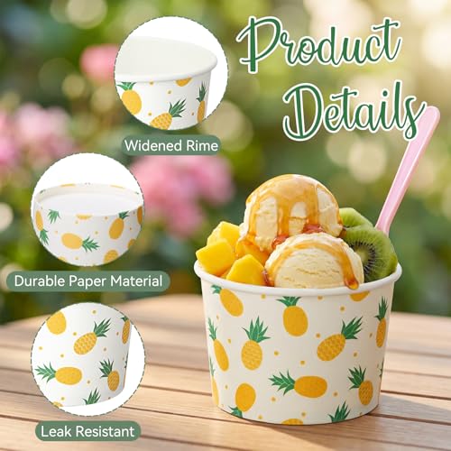 Image of Funnymoom 50 Pack Pineapple Ice Cream Cups 9 oz Yellow Pineapple Disposable Dessert Bowls Fruit Paper Soup Bowl Snack Cup for Hot or Cold Food for Summer Hawaiian Luau Theme Baby Shower Birthday Party