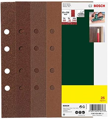 Bosch 2607019499, 25 Sanding Sheet Set for Orbital Sanders, 60-240 Grit, 93x230mm, Red