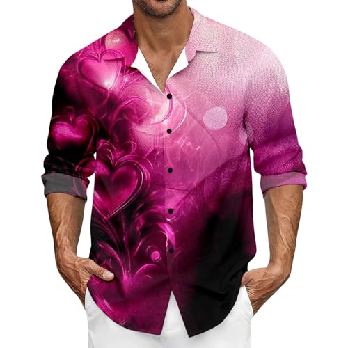 RUMAOZIA T-shirt à manches longues avec imprimé cœur pour homme - Cadeau de Saint-Valentin - Coupe moderne - Avec boutonnière - Chemise formelle pour mariage, fête, extérieur - Taille :, O Rose chaud