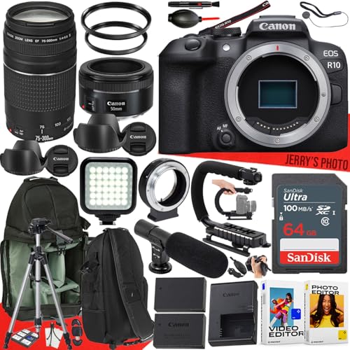 Canon EOS R10 Mirrorless Camera with Canon EF 50mm f/1.8 STM and EF 75-300mm f/4-5.6 III Lens + 64 GB Memory + Video LED Light + Mic + Mount Adapter for Canon R + More (32pc Bundle) (Renewed)