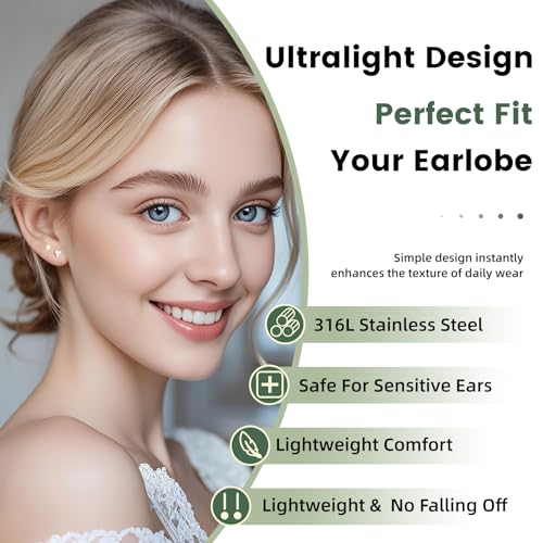 6 & 8 Pairs Stainless Steel Earrings 14K Gold Plated Flat Back Stud Earrings for Women Men Multiple Style Lightweight Dainty Trendy Jewelry Star Triangle Sun Dangle Huggie Hoop Earring Stacks3