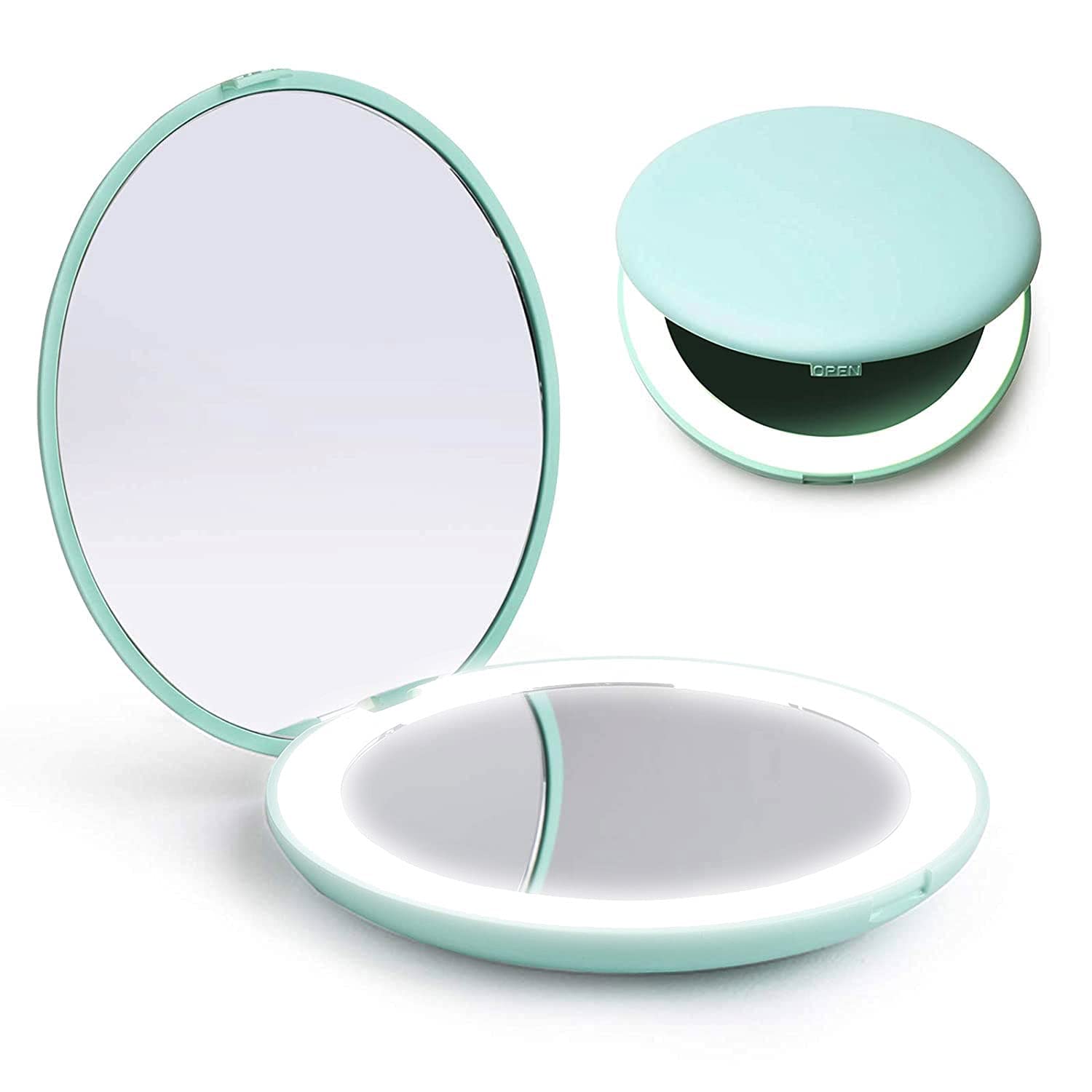 ELECDON LED Compact Makeup Mirror, 3.5 inch Lighted Double-Sided Mirror with Distortion Free 1x/10x Magnification, Portable Folding Mirror for Handbag, Purse and Pocket (Green)