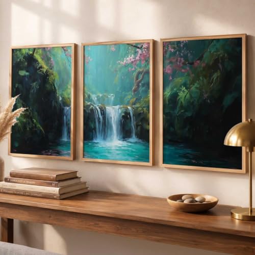 Image of kotart Abstract Nature Art Framed Paintings | Big Aesthetic Waterfall View Painting | Vastu Frames for Bedroom Living Room Wall Decor Set Of 3 (14x20 Inch)
