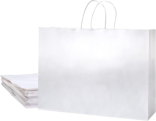 Ecoptimize Bolsas de papel kraft con asas, 30 unidades de 16 x 6 x 12 pulgadas, blancas, ecológicas, compostables y reciclables de 100% pulpa de