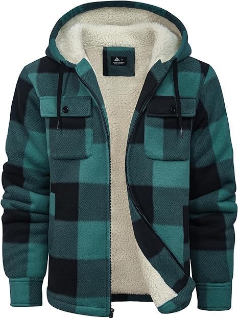 ZITY Men's Flannel Hooded Jacket Fleece Sherpa Lined Plaid Shirts Jackets Zip Up Sweatshirt Hoodies for Men with 4 Pockets