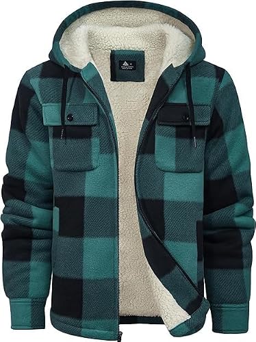 ZITY Mens Flannel Hooded Jacket Fleece Sherpa Lined Plaid Zip Up Sweatshirt
