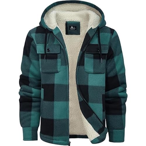 ZITY Men's Flannel Hooded Jacket Fleece Sherpa Lined Plaid Shirts Jackets Zip Up Sweatshirt Hoodies for Men with 4 Pockets Medium Green