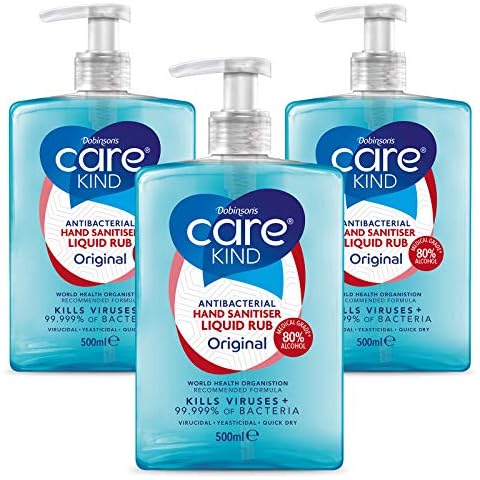Hand Sanitiser 80% Liquid Rub 3x 500ml - Carekind Antibacterial Hand sanitizer made with Medical Grade Alcohol, Kills Viruses & 99.999% of bacteria. With pump dispenser (Original) Cover