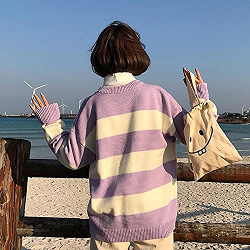 Free Valley Women Striped Chic Moon Embroidery Knitting Pullover Female Harajuku Kawaii Ulzzang Lazy Style Casual Sweater Purple #TOP3