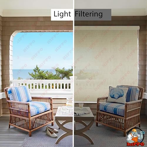 Image of HIPPO 180 GSM HDPE Outdoor Balcony Roller Blind, UV & Dust Protection Corded Roll Up and Down Light Filtering Blinds for Garden (Ivory, 4FTX5FT)