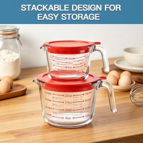 KOMUEE 4 Pack Glass Measuring Cups Set, 5 Oz, 1-Cup, 2-Cup, 4-Cup Liquid Measuring Cups with Lids for Kitchen, Freezer and Microwave Safe by KOMUEE - Image 6