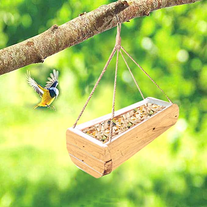 Image of LIVEONCE Wall Mounted Bamboo Feeder Hanging Balcony Feeder for Birds, Sparrow, Squirrel ((Pack of 6))