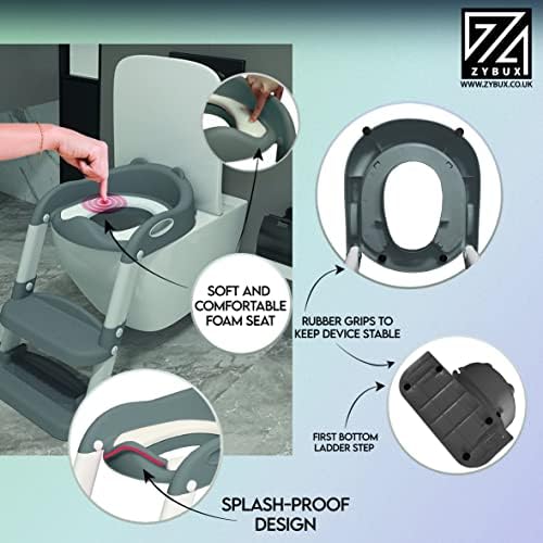 ZYBUX - Adjustable Potty Toilet Seat Baby Toddler with Durable Anti-Skid Kid Toilet Trainer with Step Stool and Ladder for Boys and Girls | Suitable for Toilets 38 - 42 cm Capacity up to 75 kg (Grey)