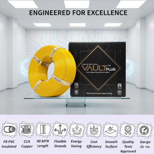 Image of VAULTPlus Yellow 1mm CCA Copper Electrical Wire | 90 Meter Long Roll | PVC Insulated Cable for Home, Commercial & Industrial Internal Wiring