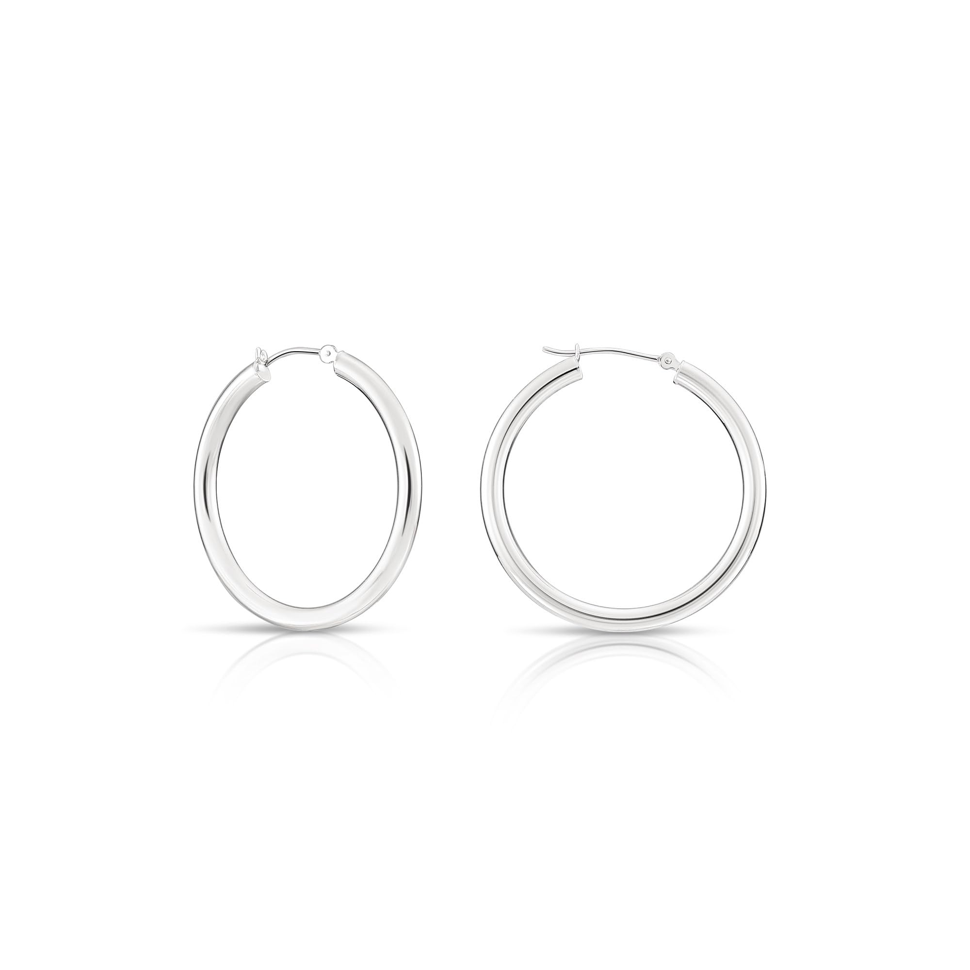 14K White Gold Classic Chunky Hoop Earrings, Solid White Gold Chunky and Lightweight Shiny Hoops, 3mm Tube Thickness