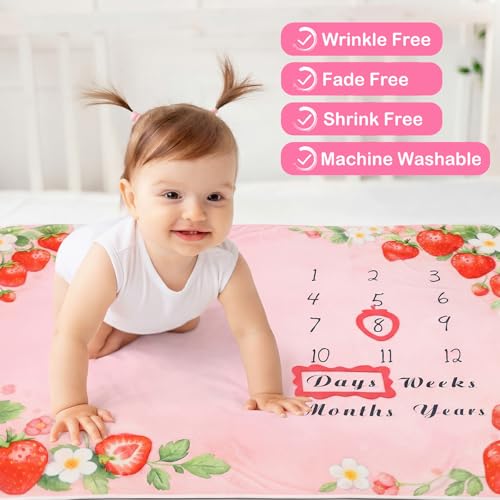 Image of Chumia Baby Monthly Milestone Blanket for Girl 59 inch x 39 inch Pink Strawberry Photo Prop Blankets Baby Age Milestone Blanket with 2 Felt Floral Wreath Frame
