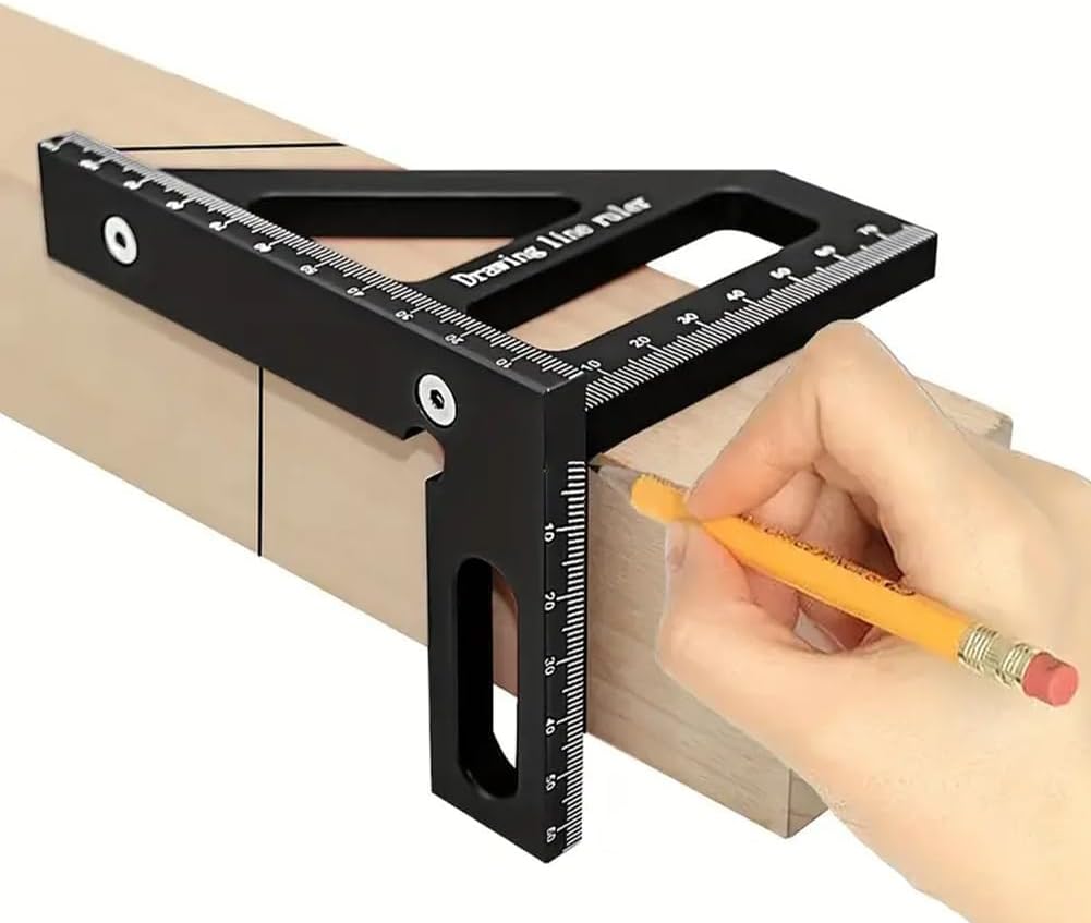 3-in-1 Aluminum Alloy Multi-Angle Ruler | 45°/90° Woodworking Square & Protractor | Precision Measuring Tool for Carpentry & Construction-Black