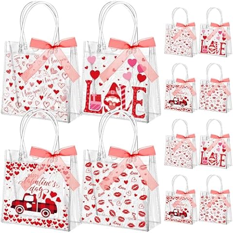 Abbylike 24 Pcs Valentine's Day Heart Clear Gift Bags 7.87 x 3.15 x 7.87 in Love Kiss Tote Bags PVC Shopping Clear Bags with Handles Red Ribbon Supplies for Wedding and Valentine Party Supplies Cover