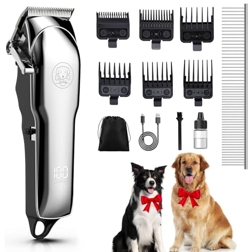 Dog Clippers, Quite Cordless Dog Grooming Kit, Professional for Thick Coats/Heavy Hair, 7000RPM Strong Motor Sharp Metal Blade LED Power Display Pet Shaver Trimmer for Dogs Cats and Animals