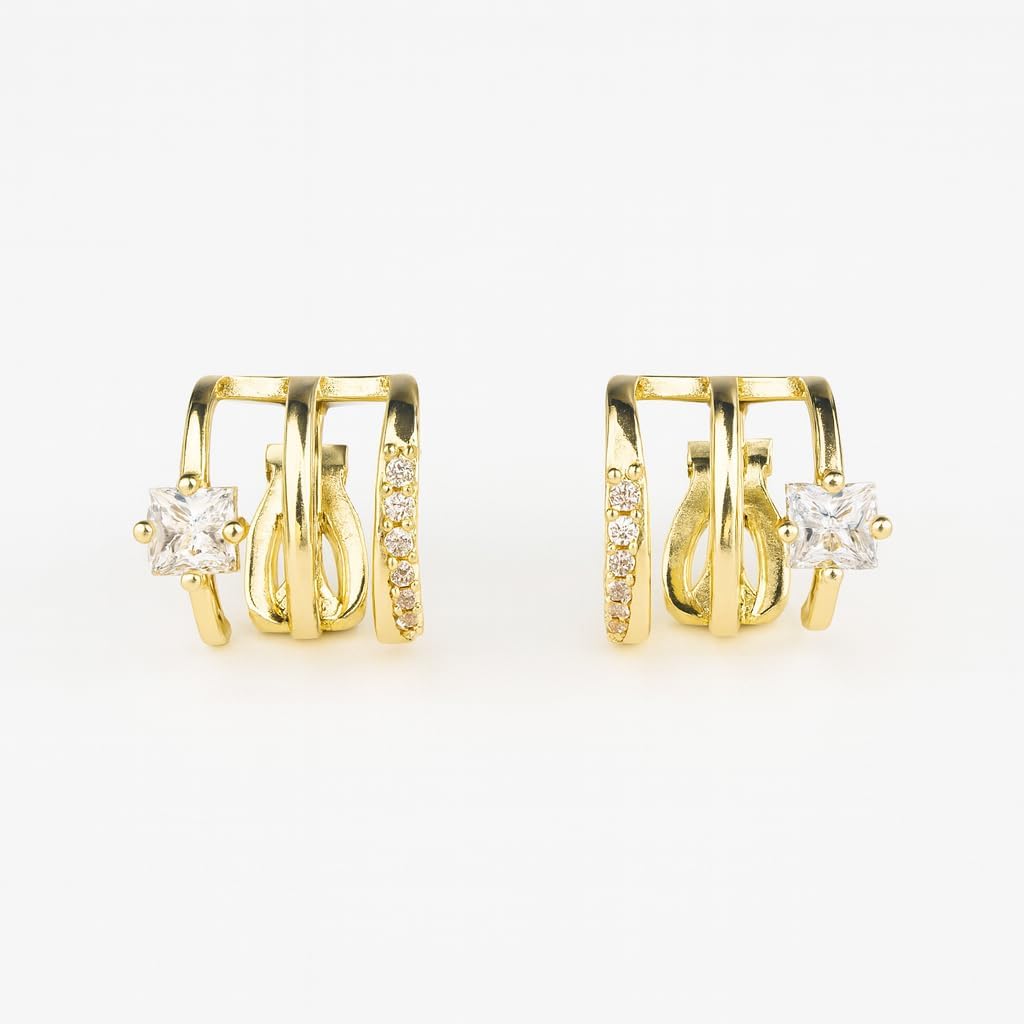 14K Gold Silver Plated Clip On Earrings for Women,Triple Huggie Stud Clip Earrings Cubic Zirconia Double Huggie Hoop Drop Earrings Clips Trendy Lightweight Jewelry Gift