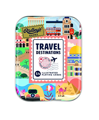 Ridley's Games: Travel Destinations Playing Cards | Full Deck of Cards with 54 Unique Travel Destinations | Travel Fun Facts on All Cards for Travel Lovers | Storage Tin Included