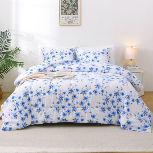 Mooreeke Floral Twin Size Comforter Sets, Gradient Blue Flower Patterned Bed in a Bag for All Seasons, 2-Piece Farmhouse Rustic Bedding Set with Fluffy Quilted Reversible Comforter & Pillow Sham