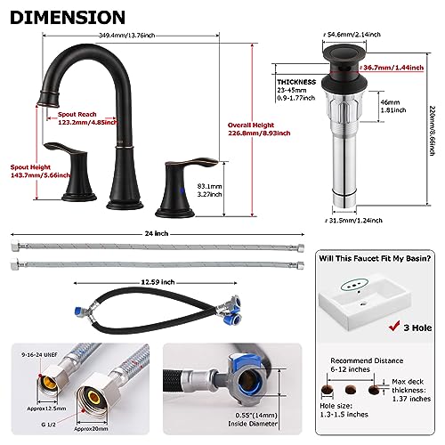 PARLOS Two-Handle High Arc Bathroom Faucet with Metal Pop Up Drain and cUPC Faucet Supply Lines Widespread 8 inch Deck Mounted,Oil Rubbed Bronze, Demeter 13652
