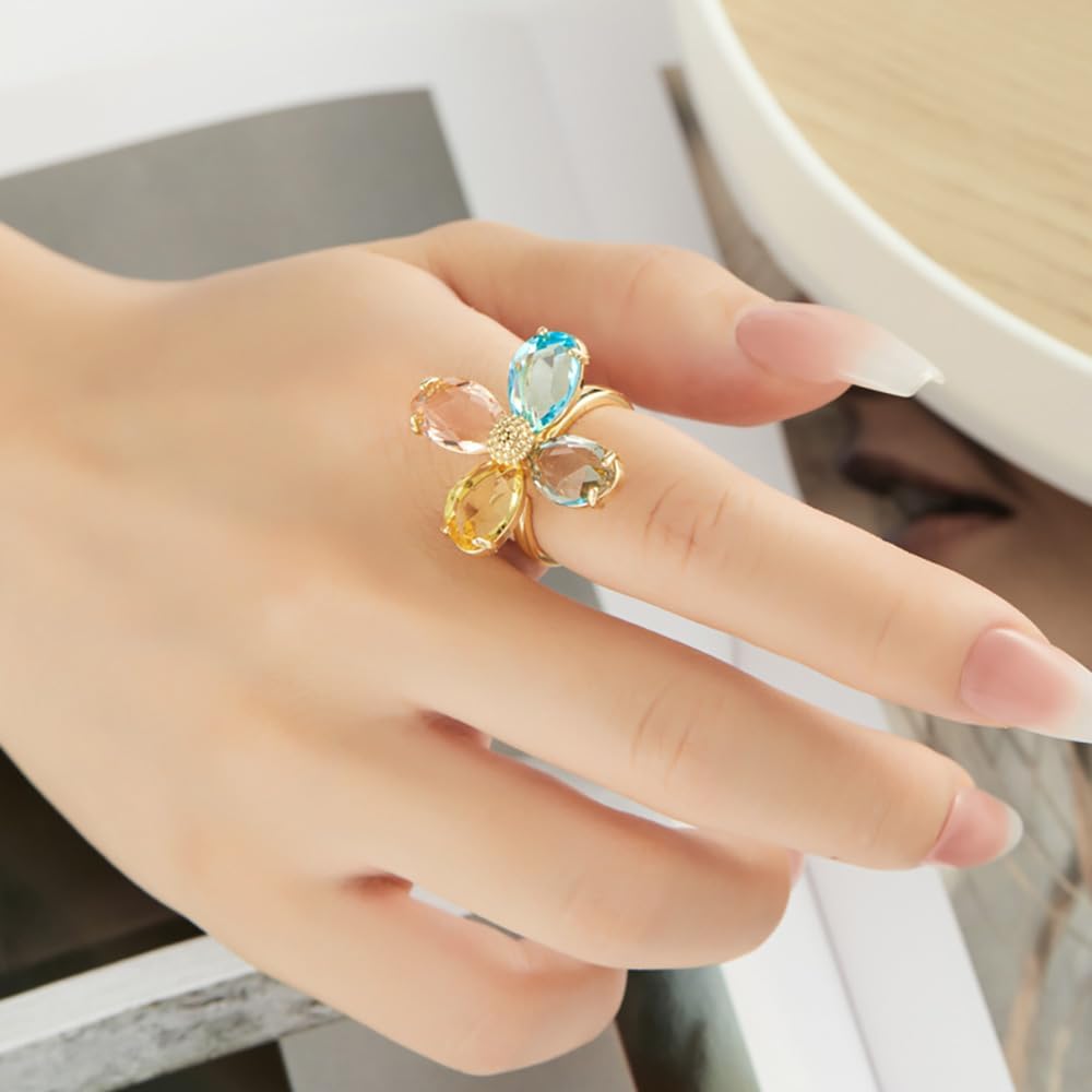 Kokoma Crystal Flower Statement Ring for Women Multi-Color CZ Stones Bohemian Floral Ring Promise Engagement Rings Wedding Band Adjustable Fashion Jewelry
