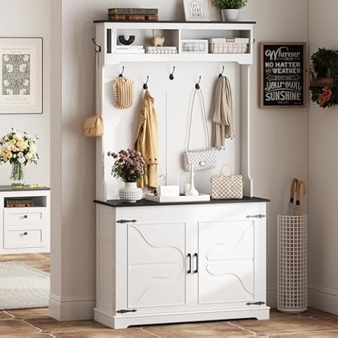 Maupvit Farmhouse Narrow Coat Rack with Shoe Storage, 12 Shoe Cubbies & 7 Coat Hooks, Entryway Furniture with Hall Tree, Ideal for hallways, Living Rooms and Mudrooms, White Cover