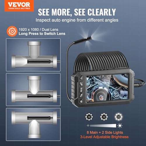 Image of VEVOR Endoscope Camera with Light, Triple Lens Borescope with 49.2FT Semi-Rigid Cable, 5 inch Screen 1080P Inspection Camera, 8 + 2 LED Lights, IP67 Waterproof Snake Cameras for Auto, Plumbing (32GB Card)