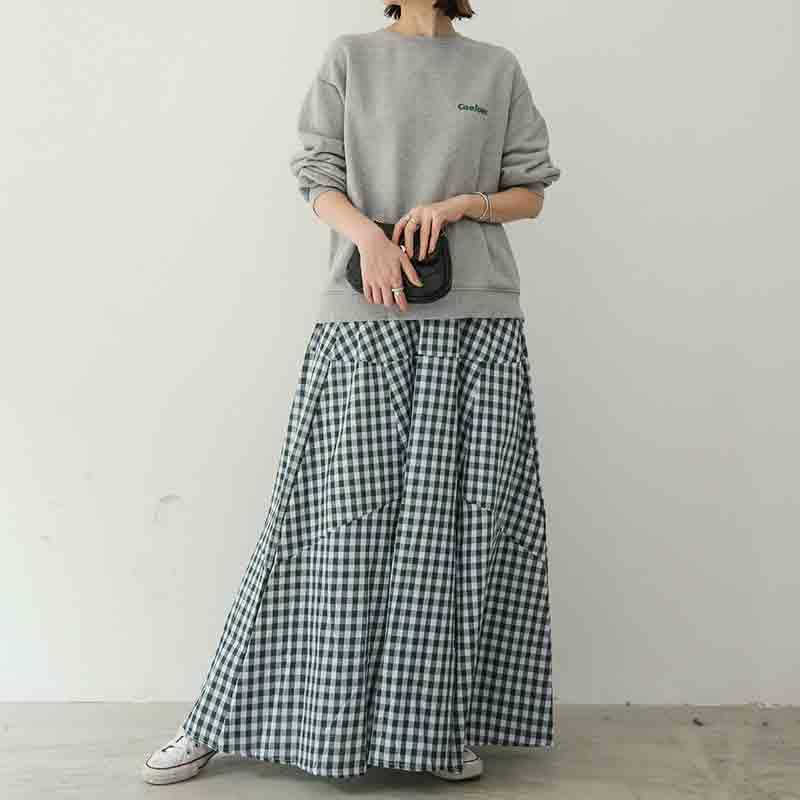 Japanese Loose Plaid Skirt with Patchwork Large Swing Half Length Women's Skirt Harajuku Casual Long Skirt4