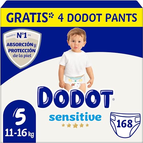 Dodot Pañales Bebé Sensitive Talla 5 (11-16 kg), 168 Pañales + 4 Pants Gratis, Óptima...