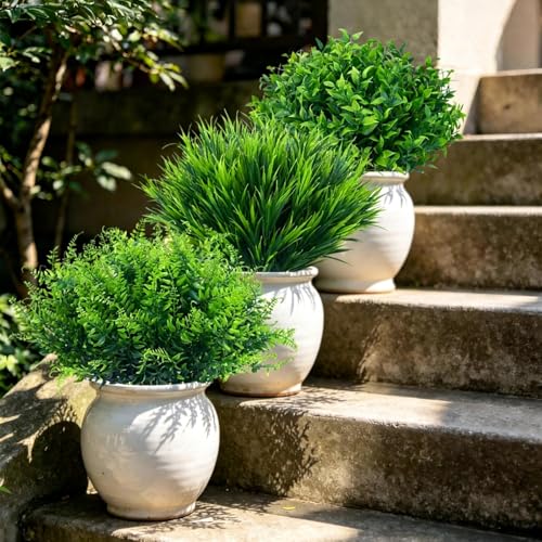 Image of Fake Outdoor Greenery Fake Green Plant Plastic Faux Greenery Stems 24PCS | UV Resistant Mixed Fern Boxwood Monkey Grass for Outdoor Planter Window Box Kitchen Home Decor Indoor
