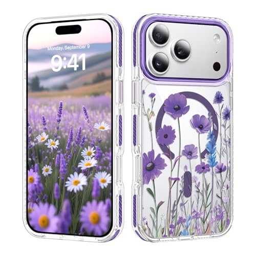 Coque iPhone 17 Pro Max MagSafe fleur violette antichoc silicone