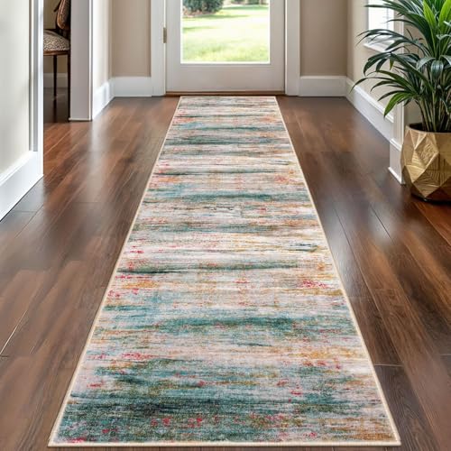 KOZYFLY Modern Abstract Hallway Runner Rug, 2x8 Washable Rug Runner Non-Slip Soft Kitchen Runner Rugs, Print Distressed Green Carpet Runner for Entryway Bathroom Laundry Room Foyer