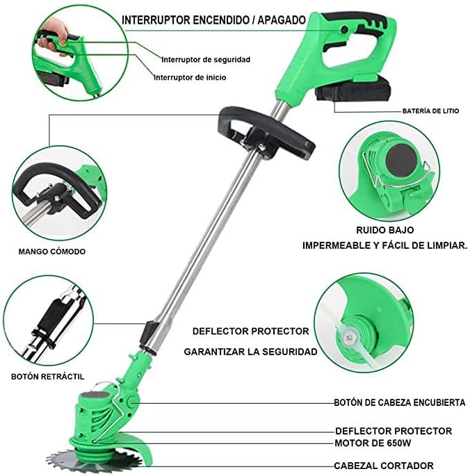 Wrneaoch - Decespugliatore elettrico a batteria, tosaerba a benzina con lame in metallo, 24 V, 9000 mAh, potente, per tagliare erba, cespugli e rami verde - Immagine 2