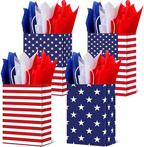 Kacctyen 72 Pieces Patriotic Gift Bags with Handle with 72 Pcs Red White Blue Tissue Paper American Flag Gift Bags 4th of July Goodies Bags for Independence Day Party Supplies