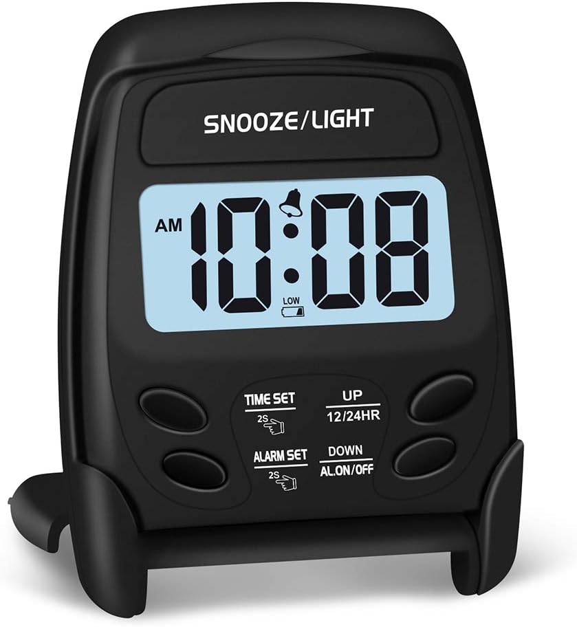 Peakeep Small Folding Battery Operated Alarm Clock, Travel Digital Easy Operation Alarm Clock (Black)